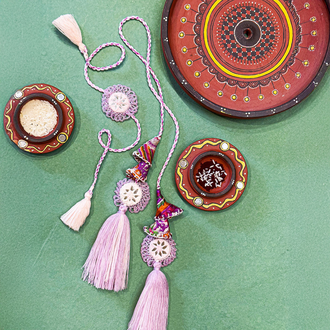 Handmade Reusable Lavender Mirror And Jhumki Rakhi For Bhaiya And Bhabhi - Full Necklace with Accessories