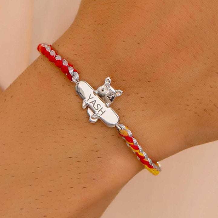 Personalized Handmade Fox Design Silver Kids Rakhi - Worn on Wrist