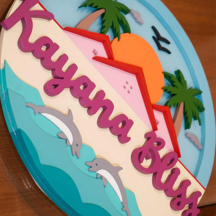 Personalized Beach Theme Mdf Wood Round Name Plate With Back Light - Angled View Showing Layered Depth