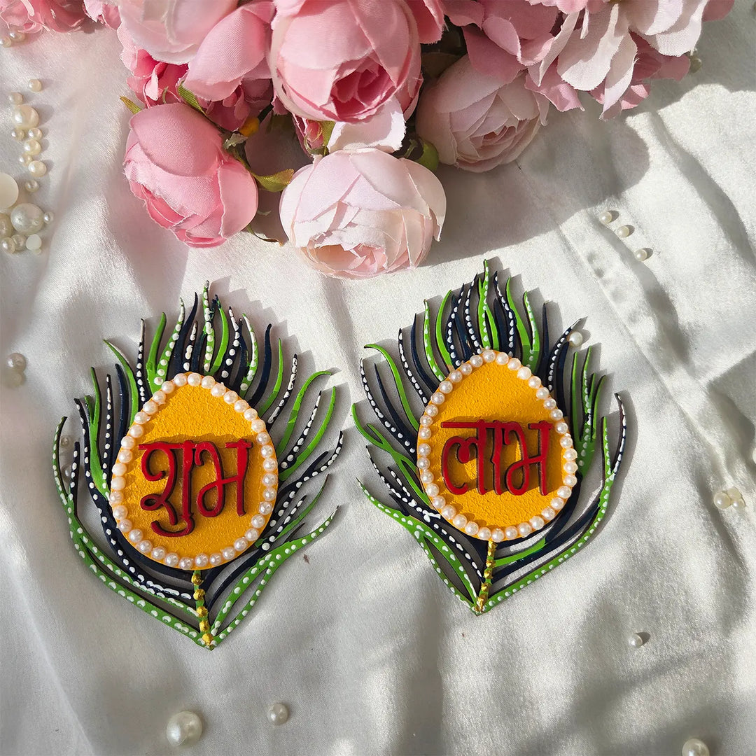 2 Pc | Hand-Painted Peacock Feather MDF Wood Shubh Labh Hangings