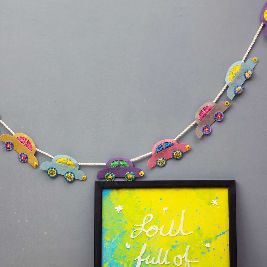 Handmade Crochet Car Themed Felt Bunting - Hanging Decorative Garland Display
