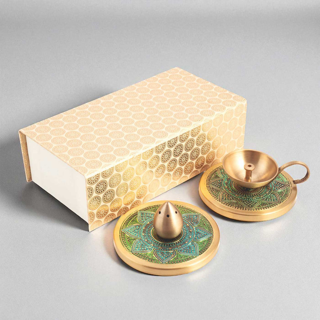 Hand-Painted Vrinda Brass Gift Hamper | Includes 1 Diya, 1 Incense Holder And 1 Gift Box