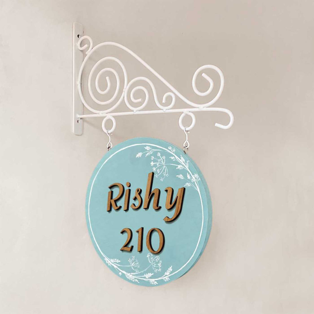 Personalized Hand Painted Blue Wood And Metal Name Plate - Hanging on Decorative Wall Bracket