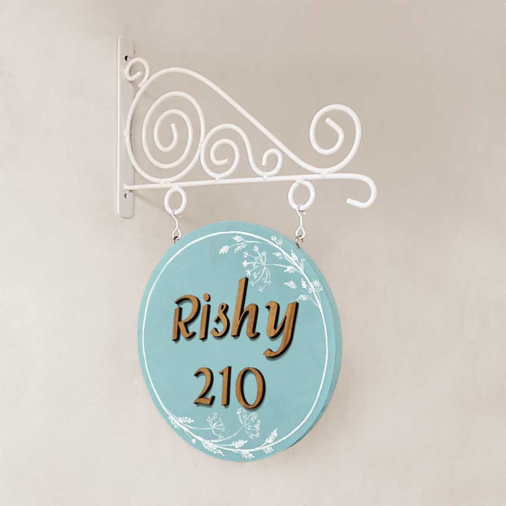 Personalized Hand Painted Blue Wood And Metal Name Plate - Hanging on Decorative Wall Bracket