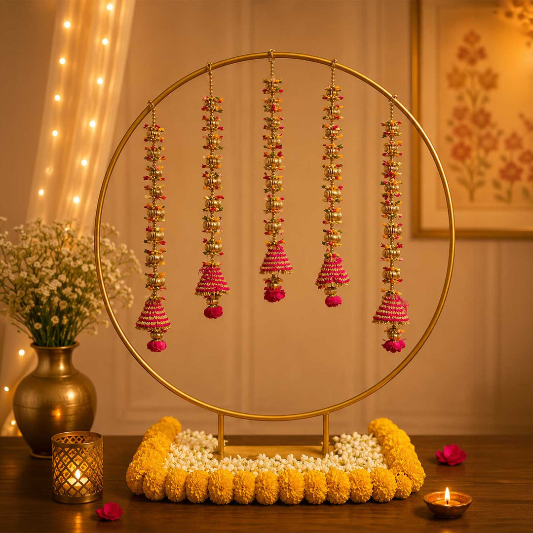 Pink Cone Tassel Golden Circular Backdrop Decor Kit with Bells