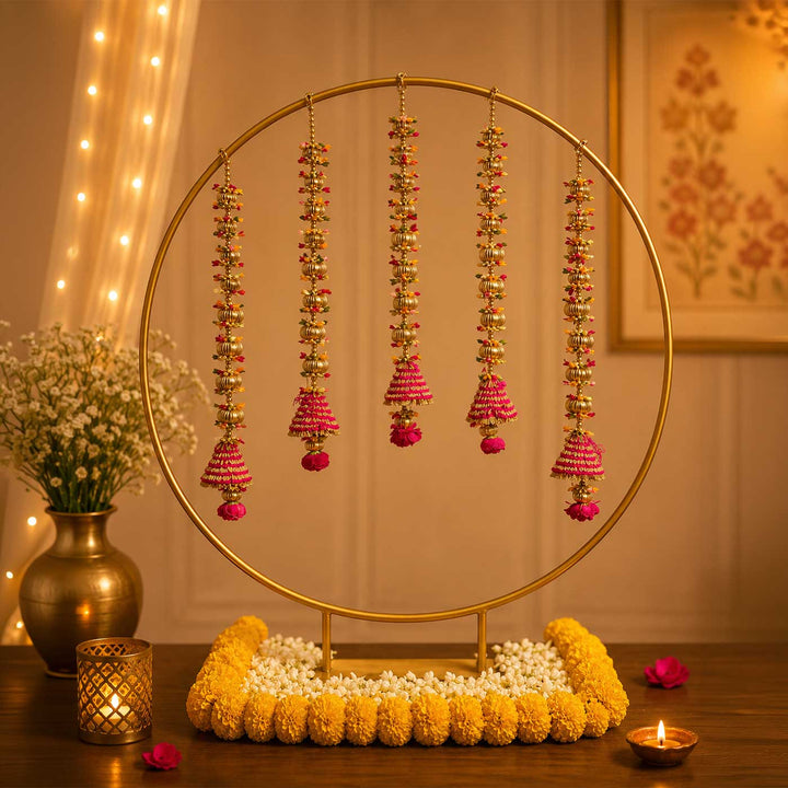 Pink Cone Tassel Golden Circular Backdrop Decor Kit with Bells