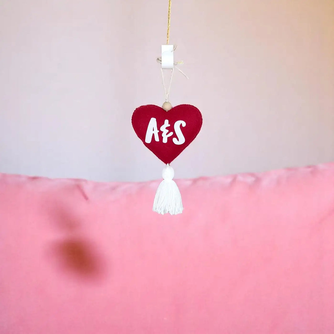Personalized Heart Shaped Felt Hanging With Tassel For Couples