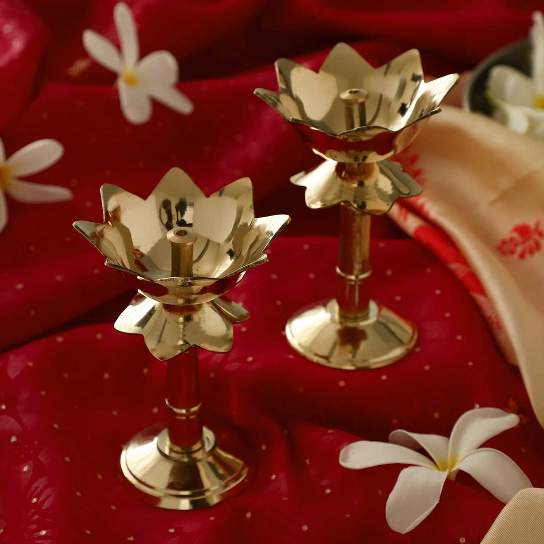 2 pc | Lotus Brass Oil Lamp With Pedestal Stand For Festive Decor
