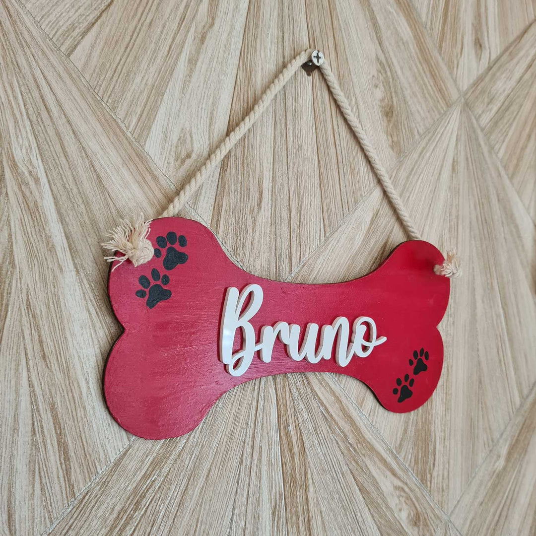 Personalized Red Bone Shaped MDF Wood Name Plate For Pets
