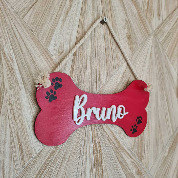 Personalized Red Bone Shaped MDF Wood Name Plate For Pets