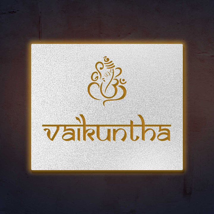 Personalized Laser Cut Ganesha Theme Steel Name Plate - Front View Illuminated Wall Sign