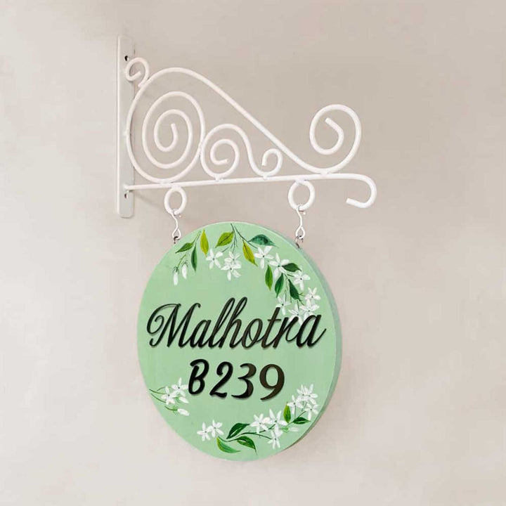 Personalized Hand Painted Green White Flower Wood And Metal Name Plate - Hanging on Decorative Metal Bracket