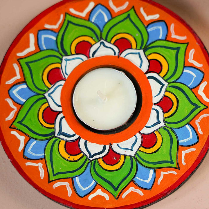 Handmade Multicolour Lotus Wooden Tealight Holder