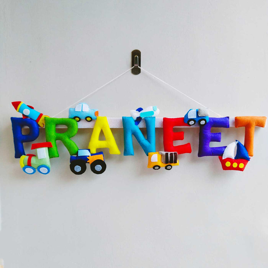 Personalized Transport Theme Felt Kids Name Plate 3 - Hanging Display on Wall Hook