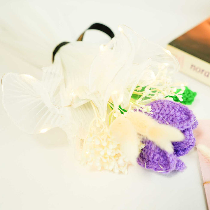 Personalized Handmade Crochet Purple Lily Rakhi Hamper Includes 1 Crochet Flower 1 Message Card And 1 Rakhi And Roli Chawal - Close-up Detail Focus