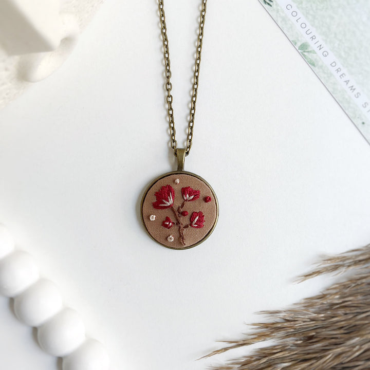 Hand Embroidered Crimson Antique Finish Necklace