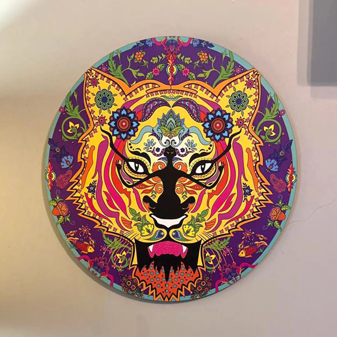 Printed Round Floral Tiger Theme MDF Wood Wall Decor