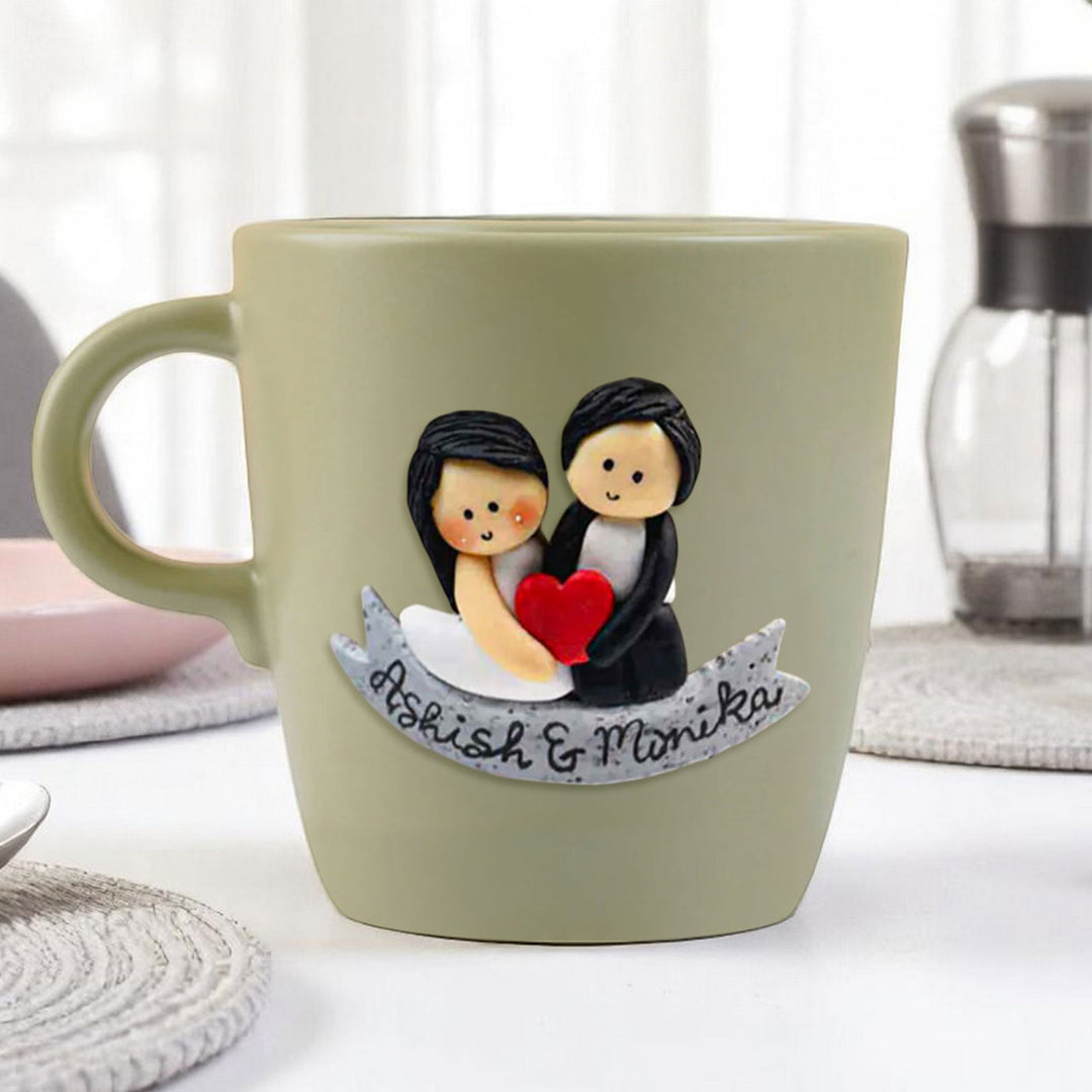 Personalized Couple & Heart Mug With 3D Clay Figurine