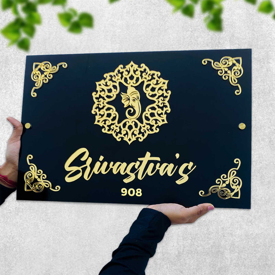 Personalized Ganpati Theme Acrylic Name Plate - Held Front View Display