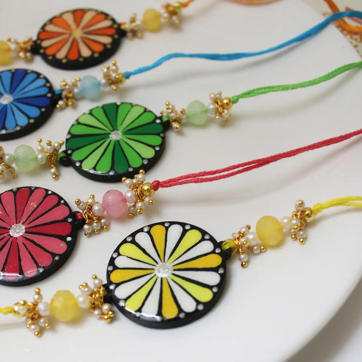 Hand-Painted Dot Mandala Floral Rakhi With Roli Chawal