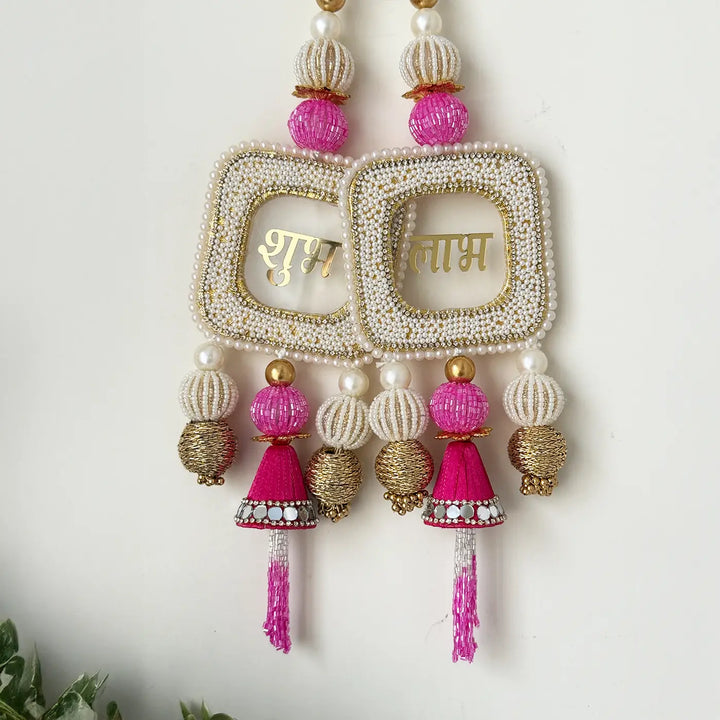 Handmade Beaded White & Pink Shubh Labh Hangings | Set Of 2