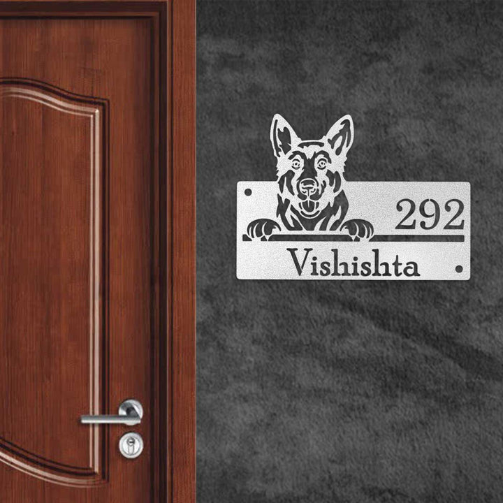 Personalized Weatherproof Artistic Dog Theme Metal Name Plate - Mounted on Exterior Wall Beside Door