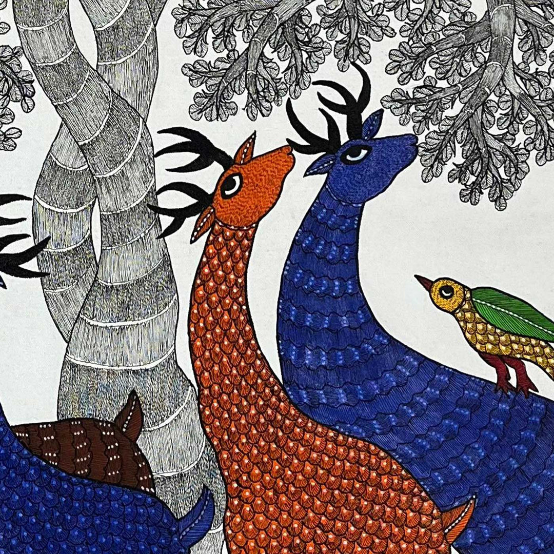 15 x 22 Inch | Peacock, Birds & Deers | Original Hand Painted Tribal Gond Art Painting | Acrylic Paints On Canvas