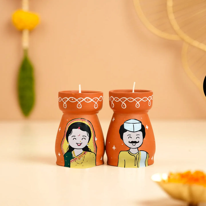 Hand-Painted Marathi Couple Terracotta Tealight Holder | Set Of 2