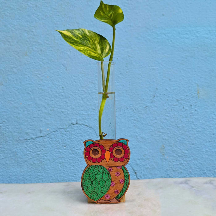 Hand-Painted Owl Wooden Cube Test Tube Planter For Desk Decor