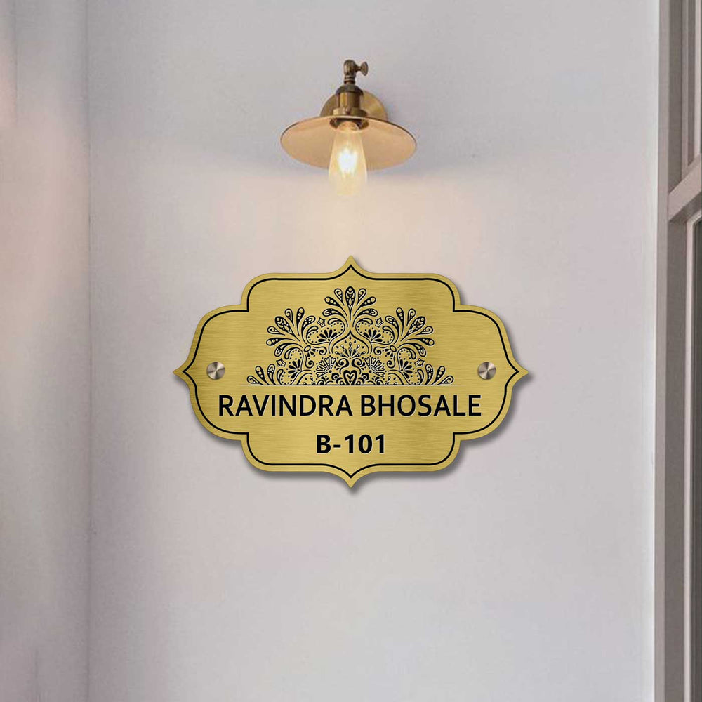 Personalized Weatherproof Charming Engraved Gold Stainless Steel Name Plate - Mounted on Wall Below Light Fixture