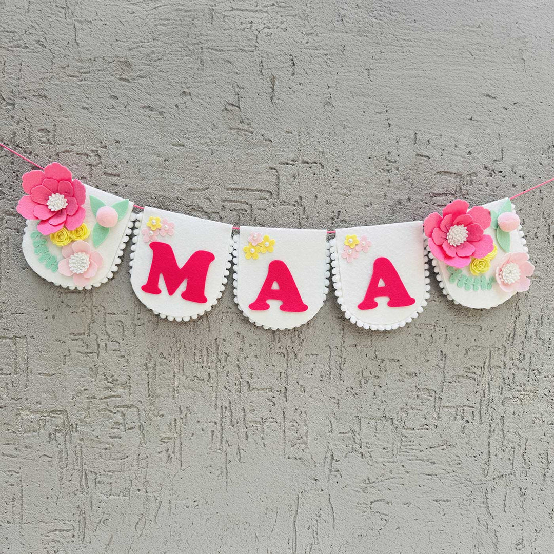 Personalized Handmade Floral Theme Felt Bunting - Hanging Banner with Floral Decorations