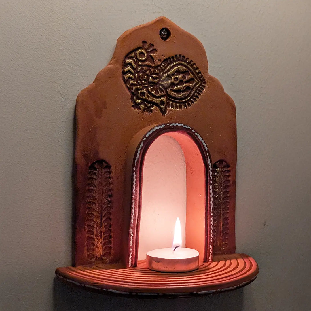Hand-Painted Peacock Motif Natural Terracotta Tealight Holder