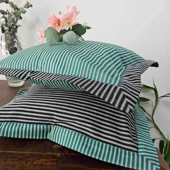 2 Pc | Green & Black Striped Cotton Cushion Cover
