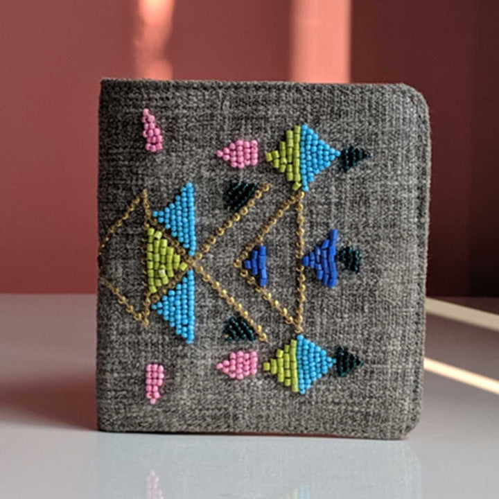 Handmade Embroidered Geometric Grey Canvas Wallet