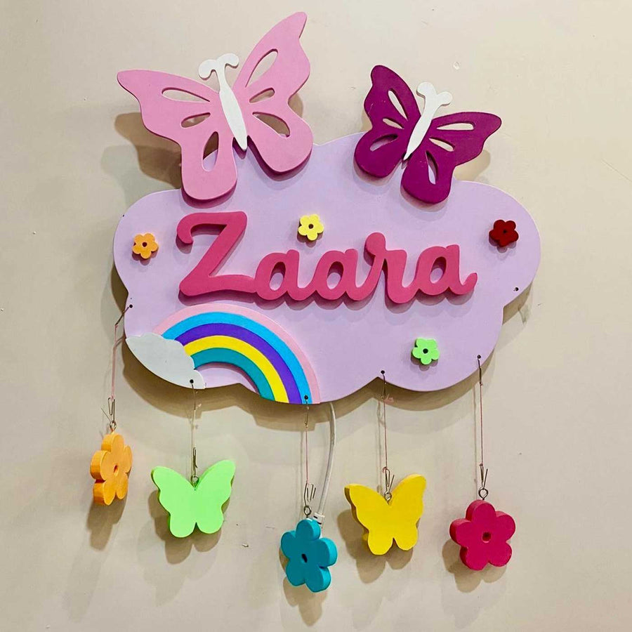 Personalized Butterfly Theme Mdf Wood Kids Name Plate With Back Light Copy - Front View with Hanging Decorations