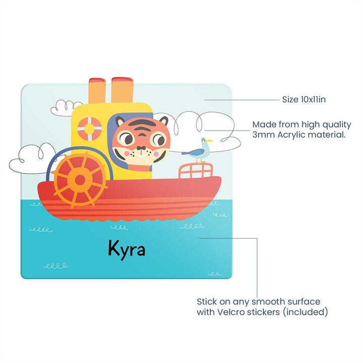 Personalized Lets Travel Theme Acrylic Kids Name Plate - Front View with Size and Material Labels