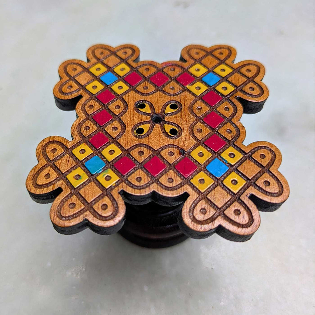 2 pc | Hand-Painted Engraved Red & Yellow Mahogany Wood Kolam Agarbatti Holder For Pooja Room