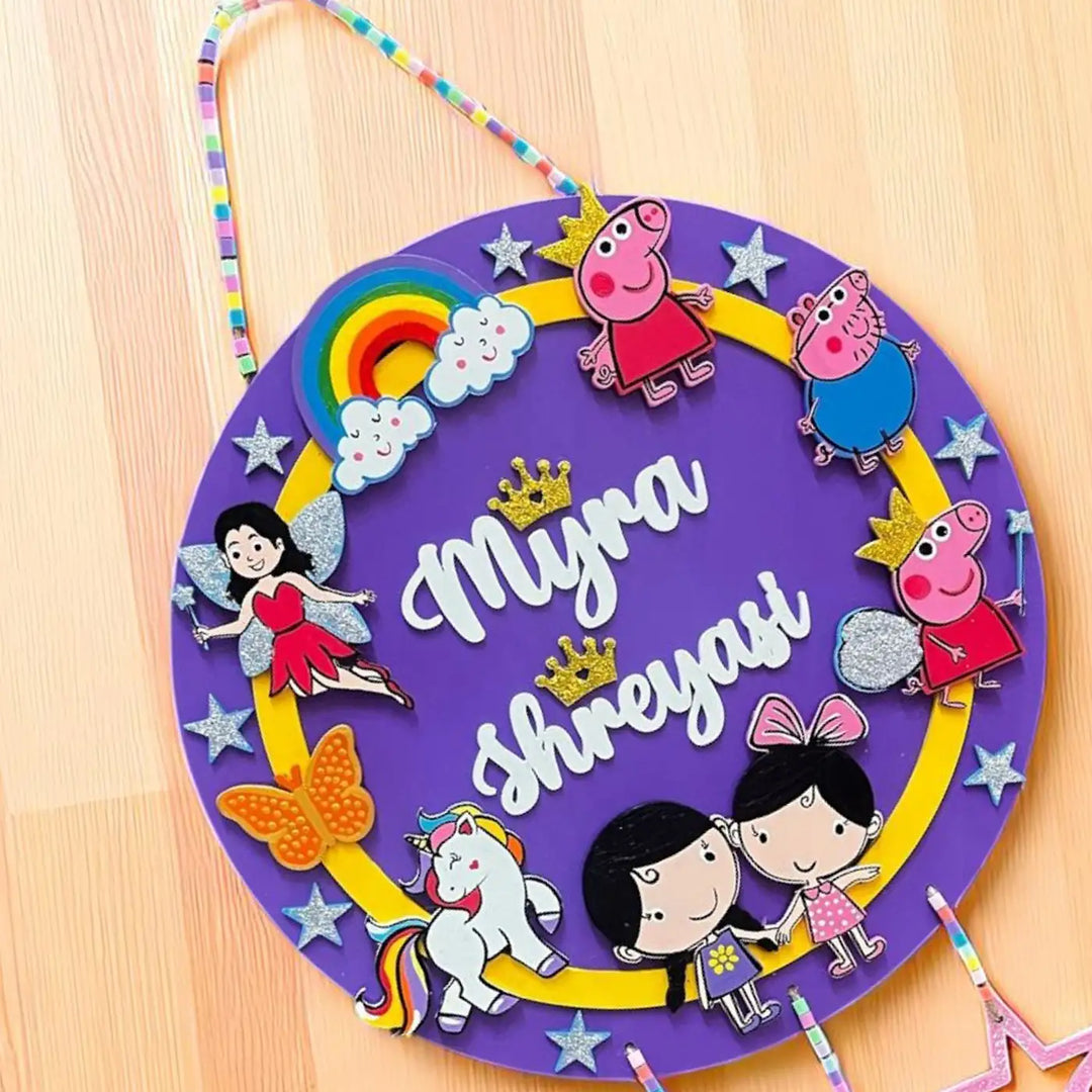 Personalized Fairy And Peppa Pig Theme MDF Wood Kids Name Plate For Sisters
