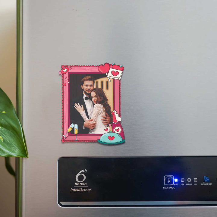 Photo Personalized Wine & Dine Theme Wooden Fridge Magnet For Couples