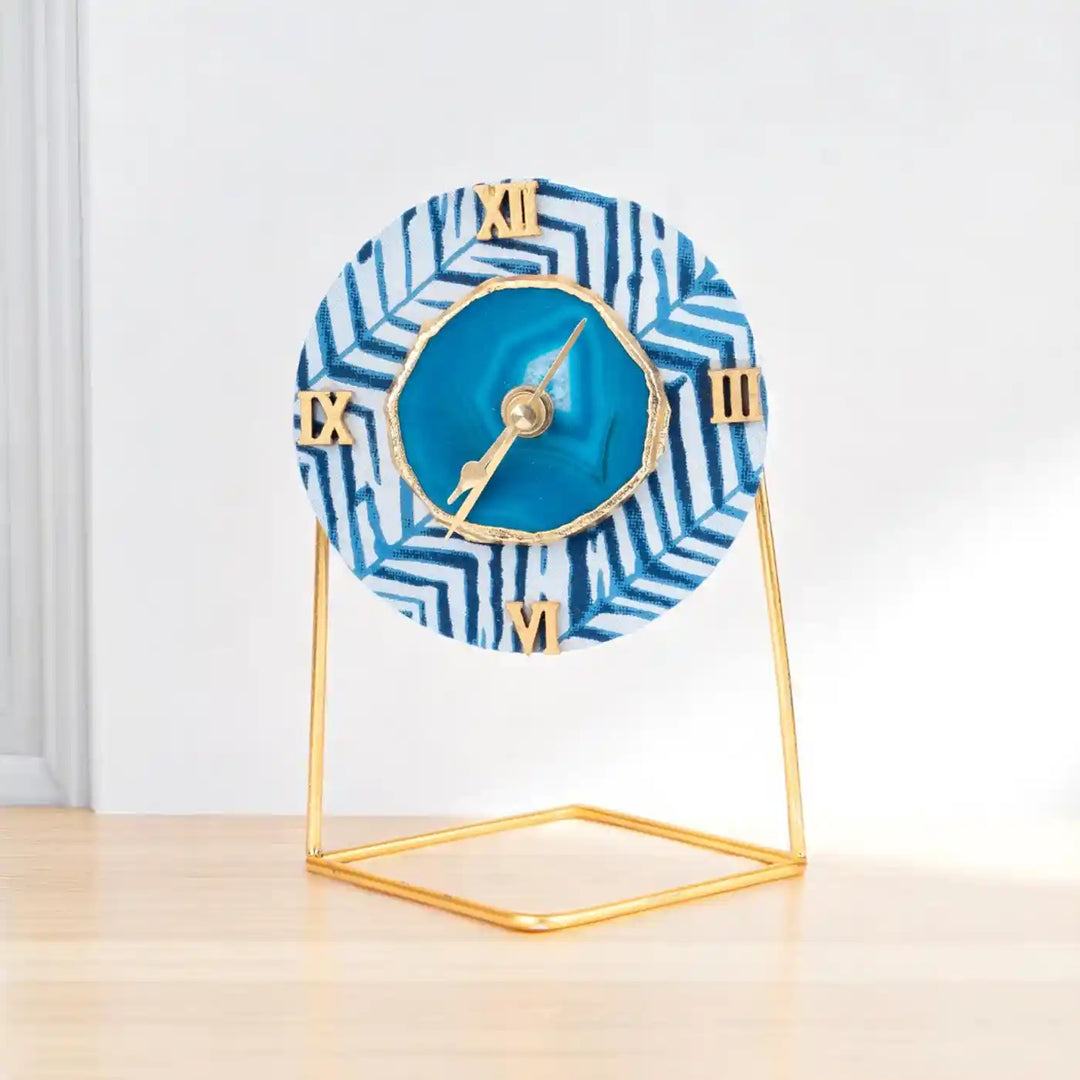 Blue Round Cotton Fabric Coated MDF Desk Clock With Agate Accent | 6 x 4 x 3.5 inch