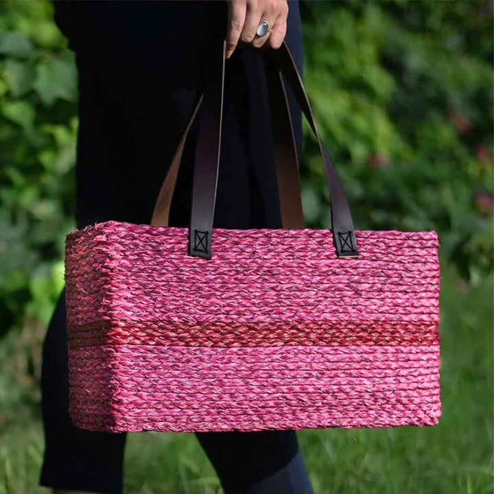 Handmade Grass Woven Single Striped Red Sabai Mesh Handbag