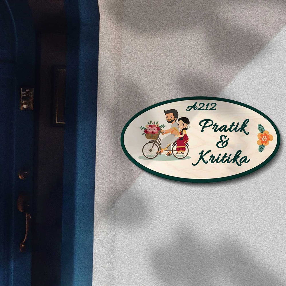 Personalized South Indian Couple Theme Mdf Wood Name Plate - Wall-mounted Name Personalization Example
