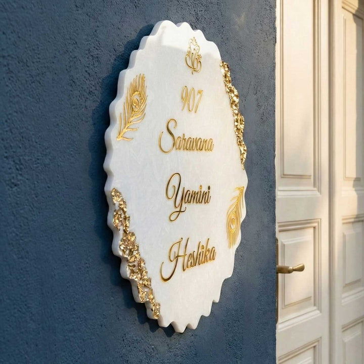 White & Gold Feather Personalized Marble Efffect Wavy Round Resin Name Plate | With 3D Acrylic Letters & Gold Stone Embellishment