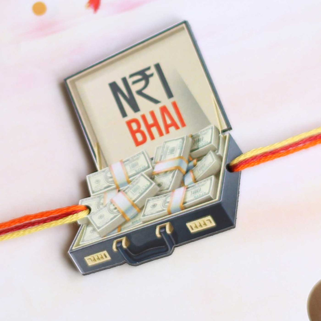 Handmade Nri Bhai Magnet Wooden Rakhi With Roli Chawal For Brother - Close-up of Rakhi Charm