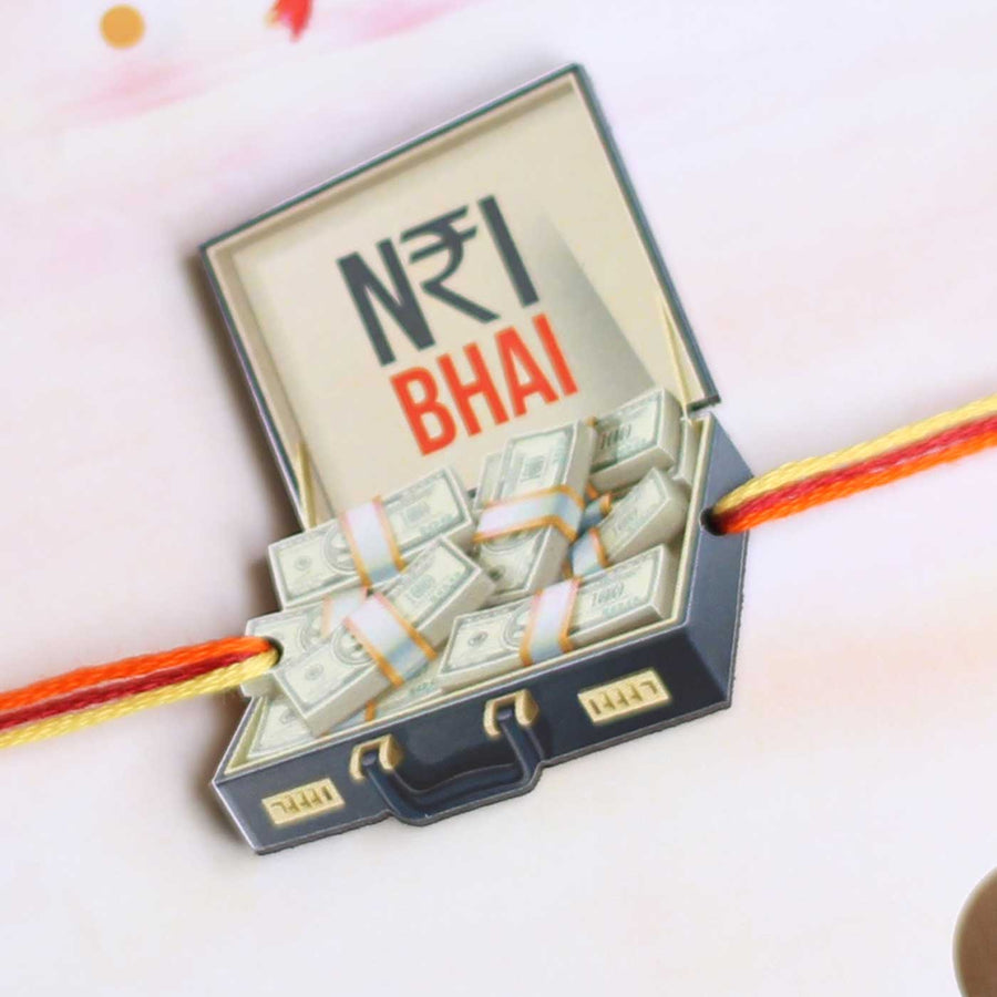 Handmade Nri Bhai Magnet Wooden Rakhi With Roli Chawal For Brother - Close-up of Rakhi Charm
