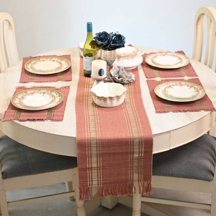 Hand Woven Double Striped Madhurkati Red Table Runner & Table Mat