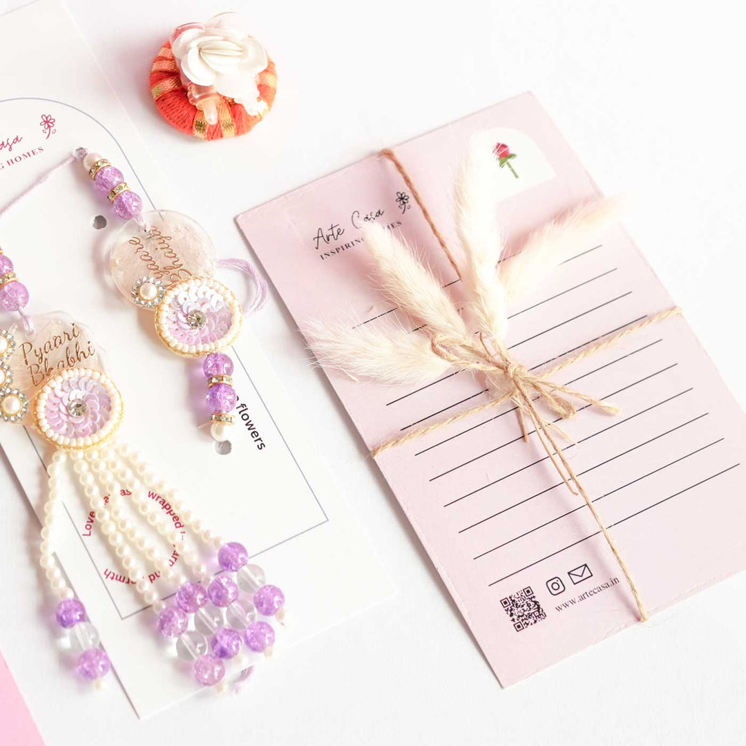 Personalized Handmade Crochet Tulip Light Purple Rakhi Hamper Includes 1 Crochet Flower 1 Message Card And 2 Rakhis And Roli Chawal - Close-up of Greeting Card