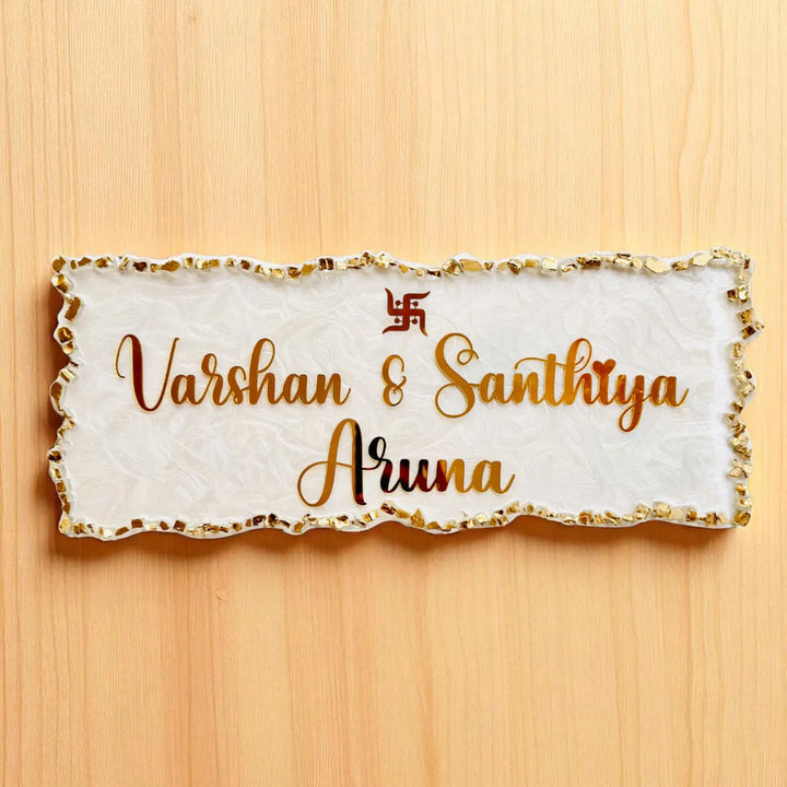White & Gold Personalized Marble Effect Rectangle Resin Name Plate | With 3D Acrylic Letters & Gold Stone Embellishment