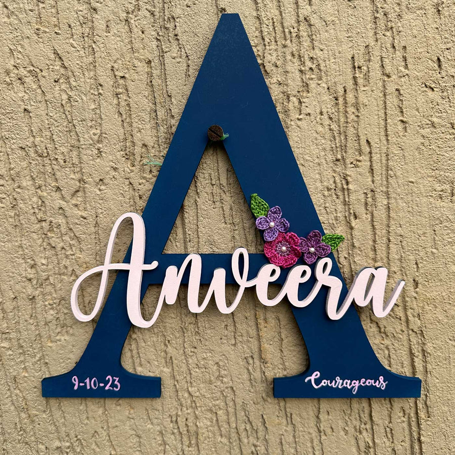 Personalized Handmade Wooden Monogram Name Plate - Mounted on Textured Wall