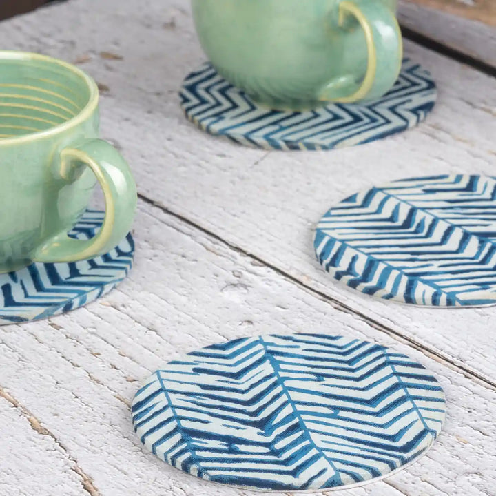Blue Cotton Fabric Coated MDF Round Coaster Set | Set of 4